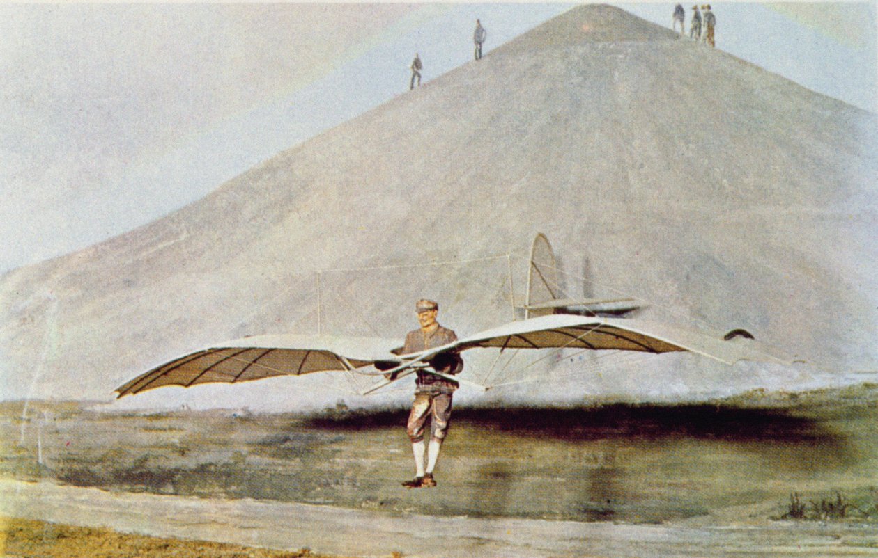 Een van de vele vliegexperimenten van Otto Lilienthal (1848-96) uit 