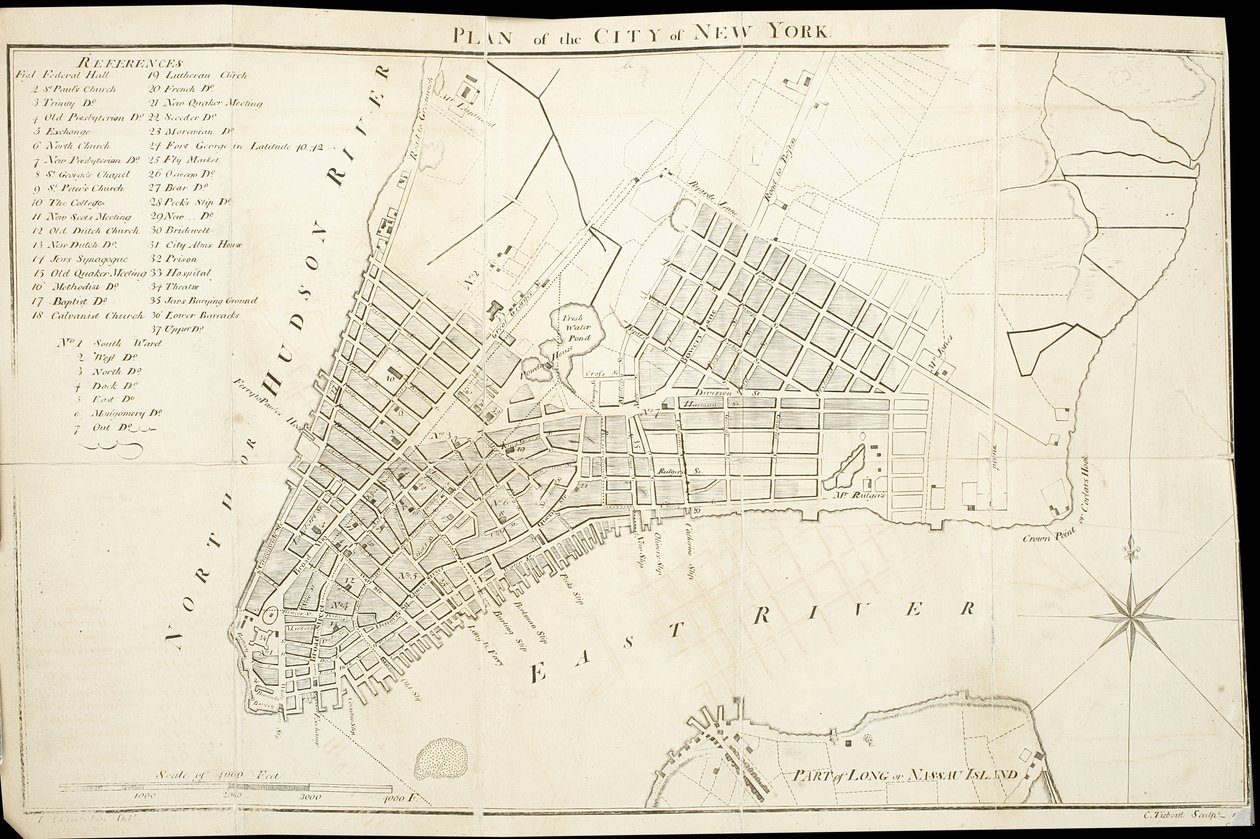Plattegrond van de Stad New York, gegraveerd door Tiebout, 1789 door American School