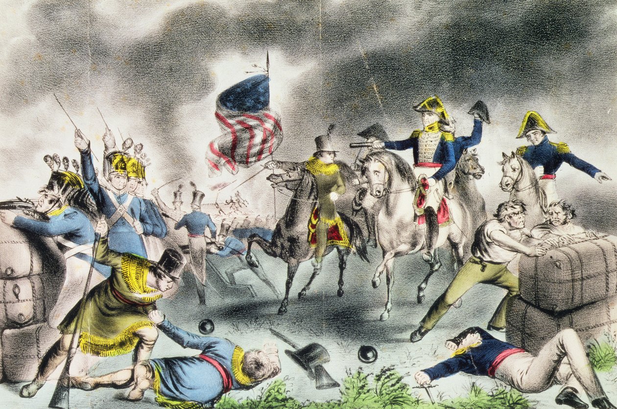 De Slag bij New Orleans, 8 januari 1814, uitgegeven door Nathaniel Currier door American School