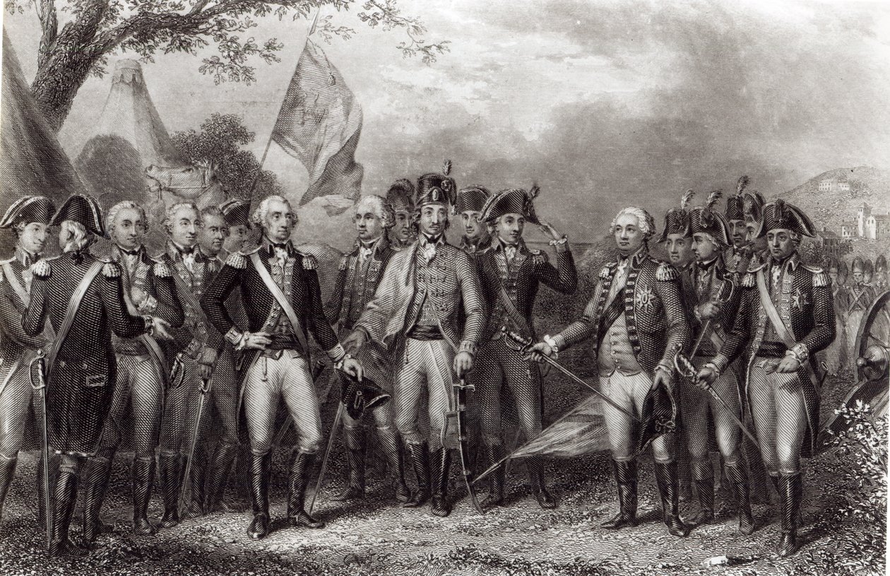 De Britten geven hun wapens over aan generaal Washington, 19 oktober 1781, gegraveerd door J. Stephenson door American School