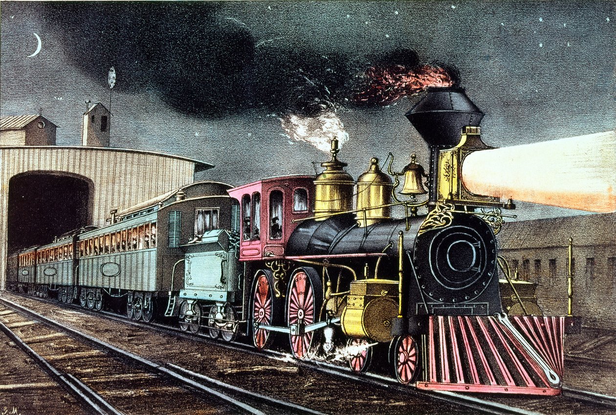 De Nacht Express: Het Vertrek, gepubliceerd door Nathaniel Currier (1813-88) en James Merritt Ives (1824-95) door American School