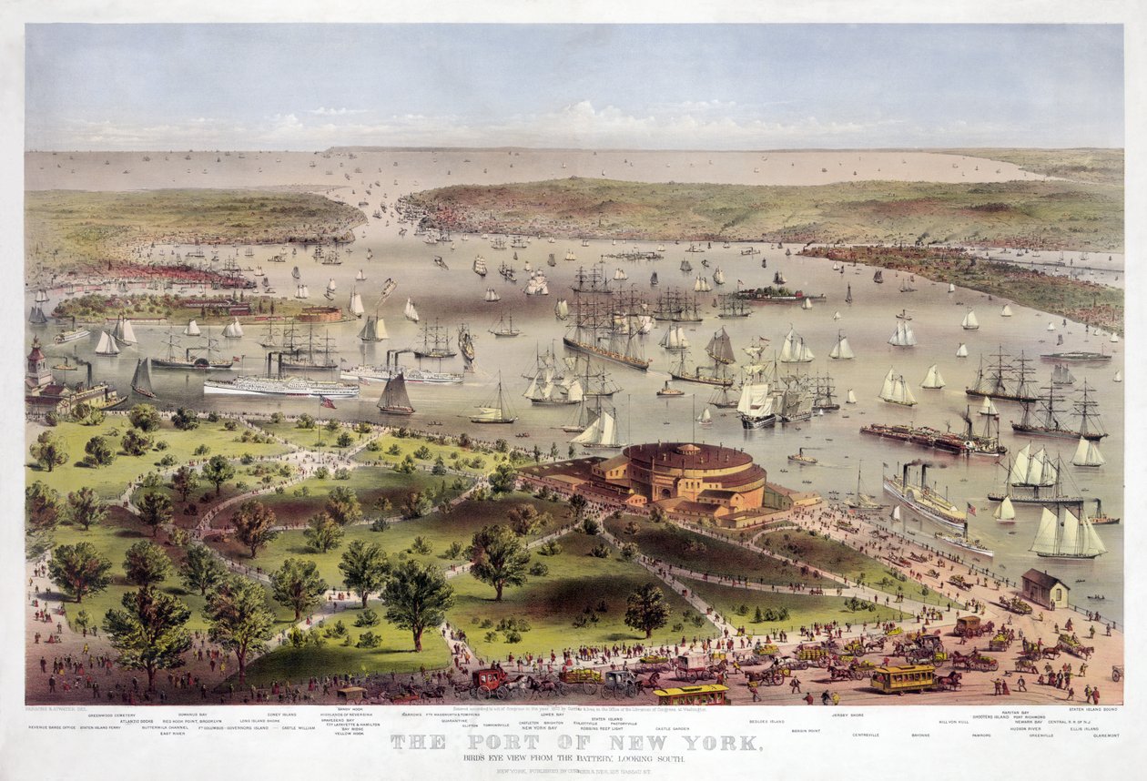 De haven van New York: vogelperspectief vanaf de Battery, kijkend naar het zuiden, uitgegeven 1862 door American School