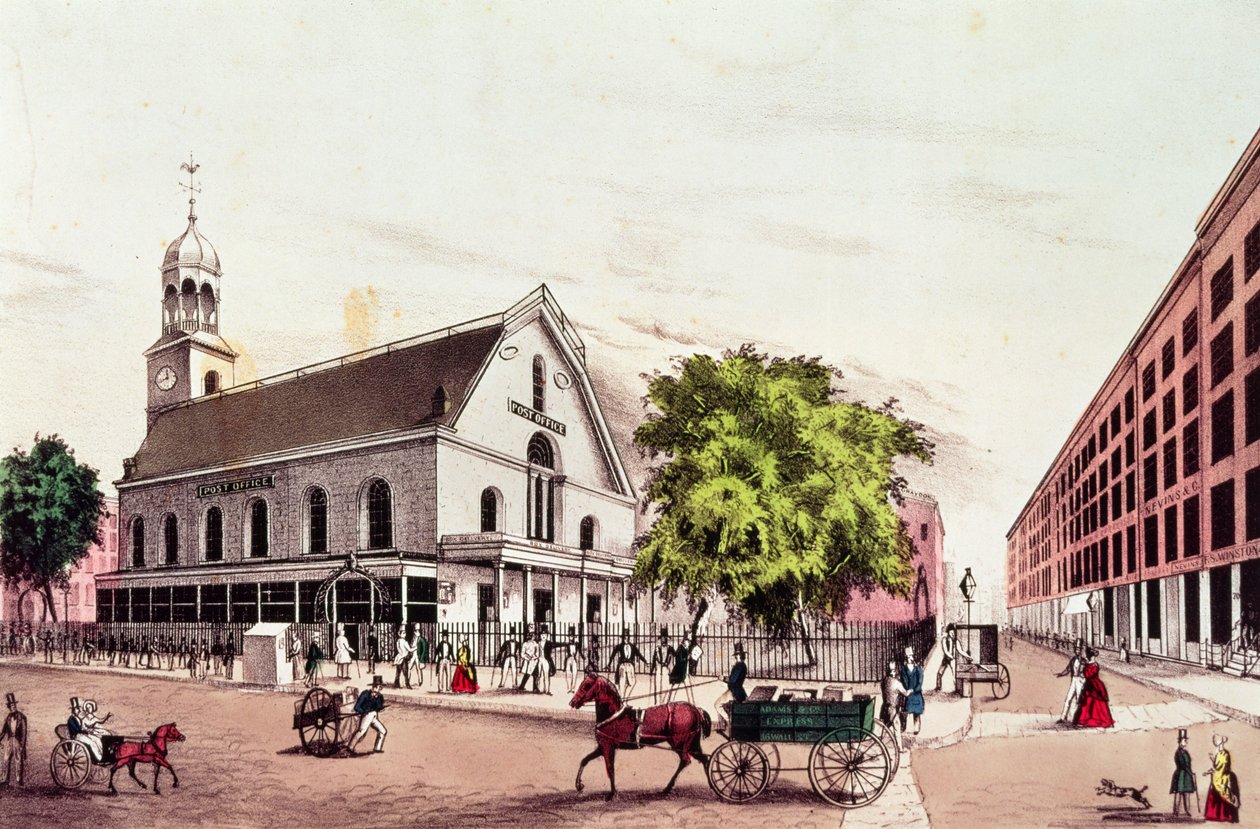 Het postkantoor, New York, gegraveerd door Nathaniel Currier (1813-88) door American School