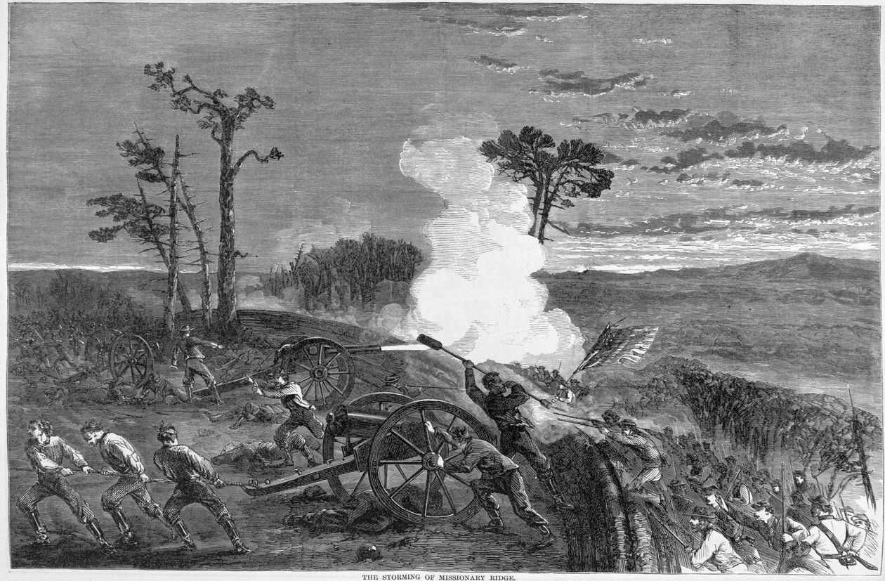 De bestorming van Missionary Ridge, 1863, uit Harpers Pictorial History of the Civil War door American School