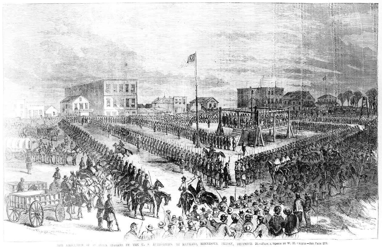 De executie van Sioux-indianen door de Amerikaanse autoriteiten in Mankato, Minnesota op vrijdag 26 december 1862, uit Frank Leslies Illustrated Newspaper, 24 januari 1863 door American School
