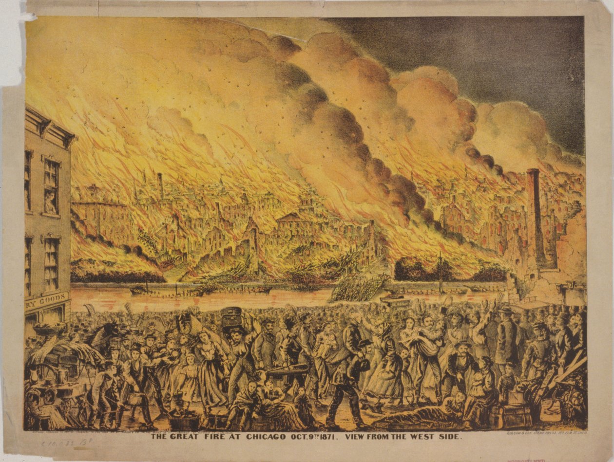 Uitzicht op de grote brand van Chicago, 9 oktober 1871, vanaf de westkant door American School