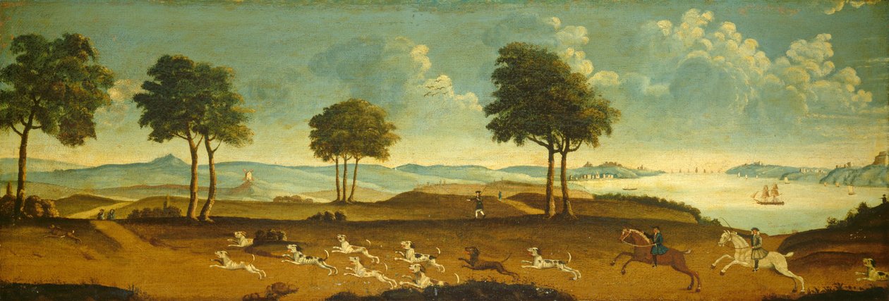 Jachtscène met een haven door American 18th Century