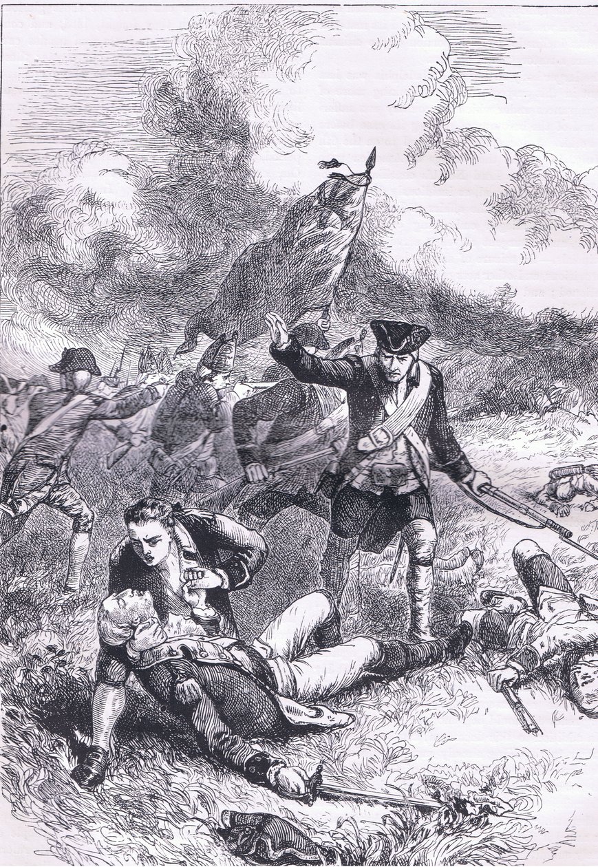 Dood van majoor Pitcairn, illustratie uit Cassells Geschiedenis van de Verenigde Staten gepubliceerd door Cassell, Petter & Galpin, ca. 1900 (litho) door American English school