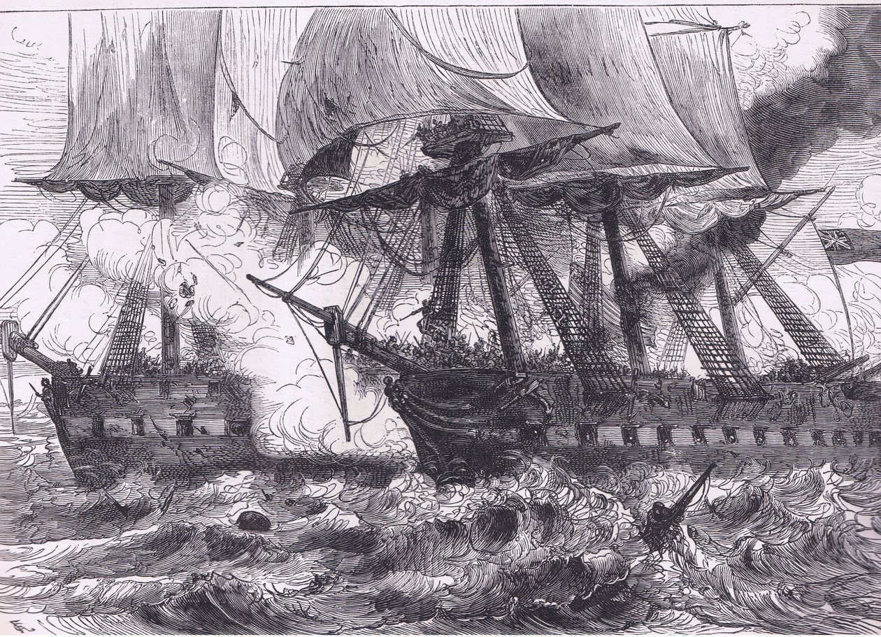 Gevecht tussen de Chesapeake en de Shannon, illustratie uit Cassells Geschiedenis van de Verenigde Staten uitgegeven door Cassell, Petter & Galpin, ca. 1900 (litho) door American English school