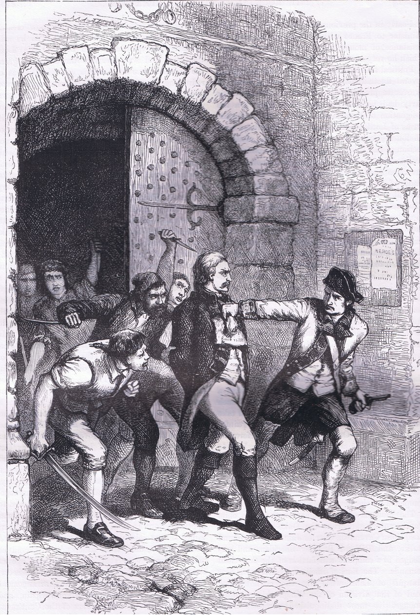 Huddy wordt uit de gevangenis geleid om opgehangen te worden, illustratie uit Cassells Geschiedenis van de Verenigde Staten gepubliceerd door Cassell, Petter & Galpin, ca. 1900 (litho) door American English school