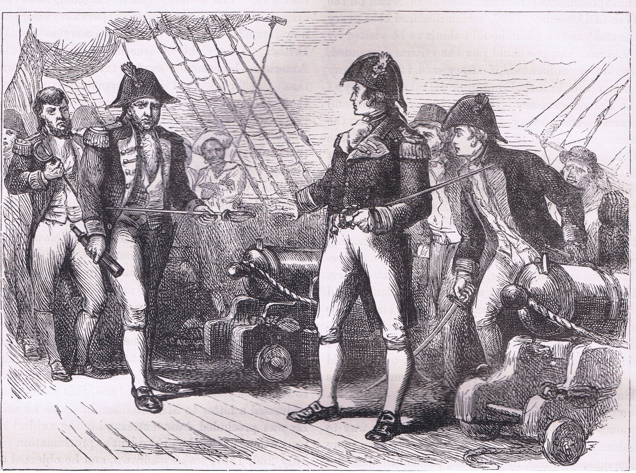 De officieren van de Chesapeake bieden hun zwaarden aan, illustratie uit Cassells Geschiedenis van de Verenigde Staten gepubliceerd door Cassell, Petter & Galpin, ca. 1900 door American English school