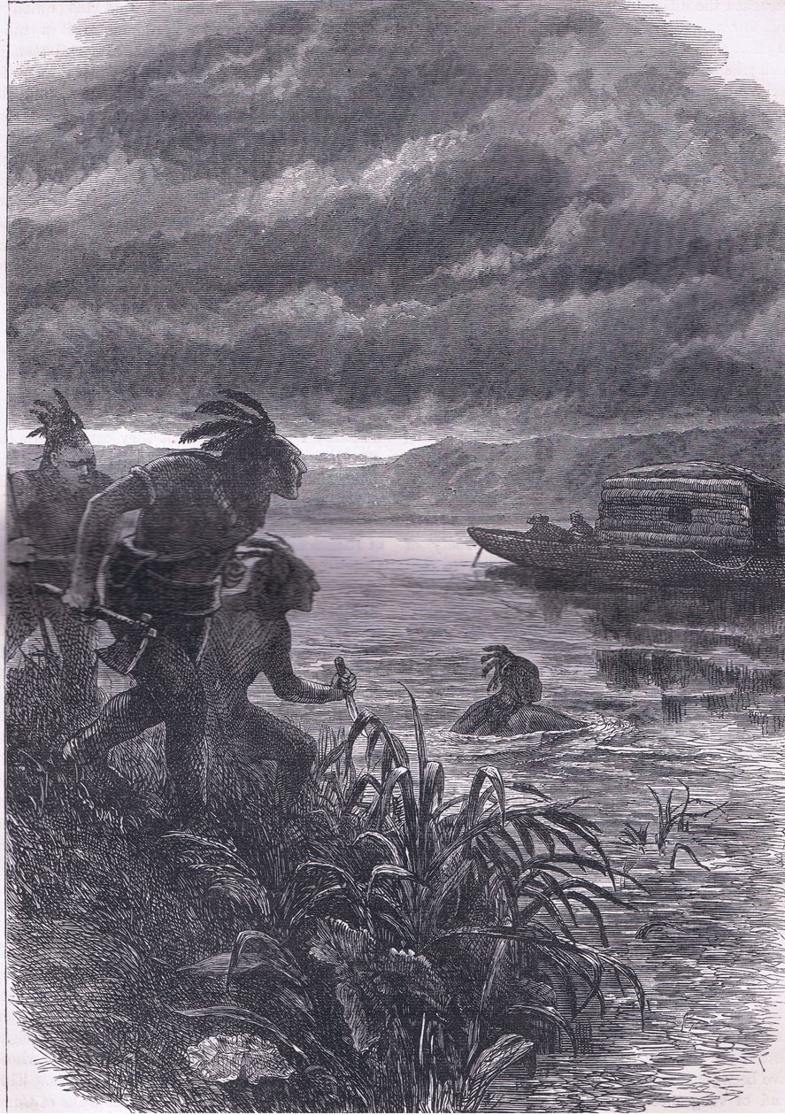 Handelaren op de Ohio aangevallen door wilden, illustratie uit Cassells Geschiedenis van de Verenigde Staten uitgegeven door Cassell, Petter & Galpin, ca. 1900 (litho) door American English school