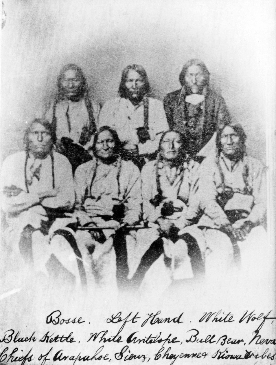 Bosse, Left Hand, White Wolf, Black Kettle, White Antelope, Bull Bear, Neva: Hoofden van de Arapahoe, Soiux, Cheyenne en Kiowa stammen, ca. 1860-68 door American Photographer