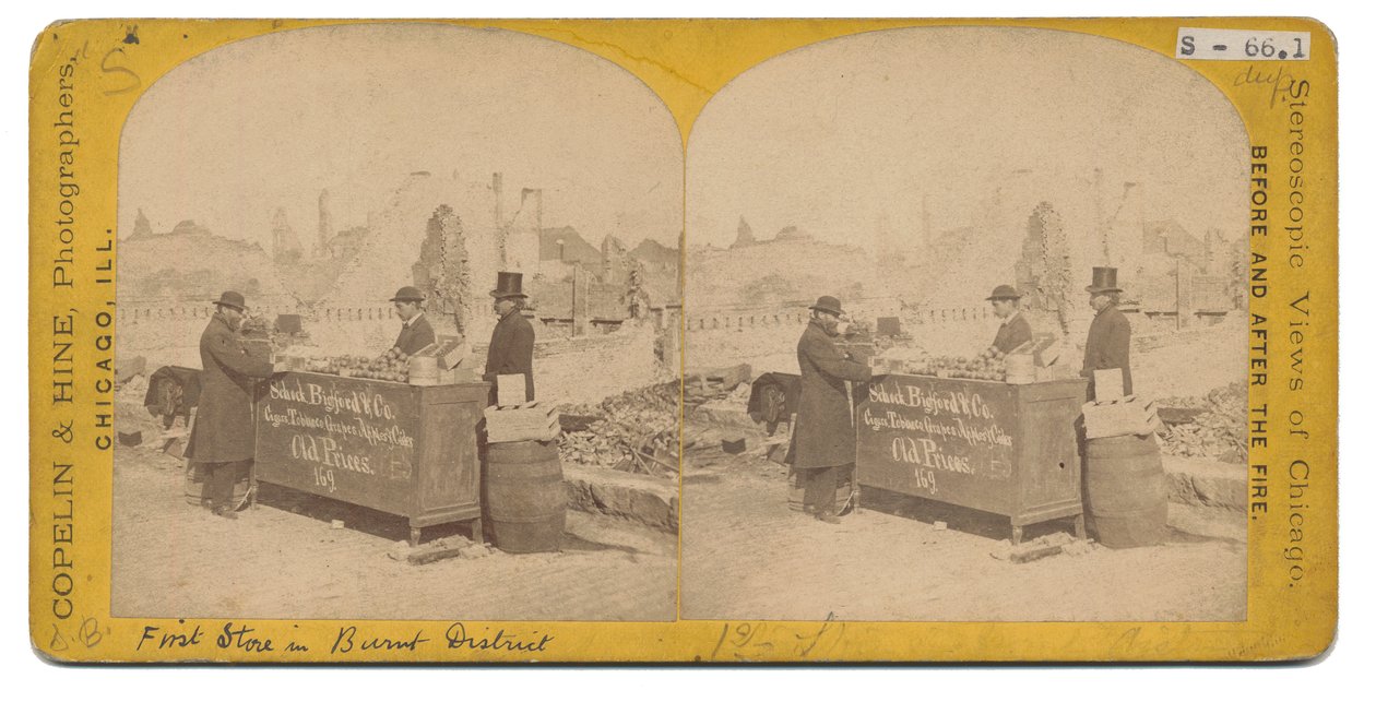 Eerste Winkel in het Verbrande District, 1871 door American Photographer