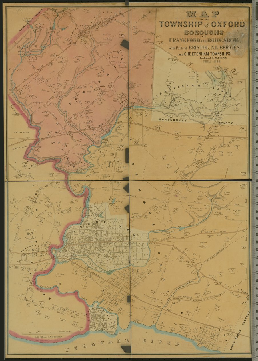 Kaart van de gemeente Oxford, Boroughs of Frankford & Bridesburg met delen van Bristol, N. Liberties en Cheltenham Townships, 1849 door American Photographer