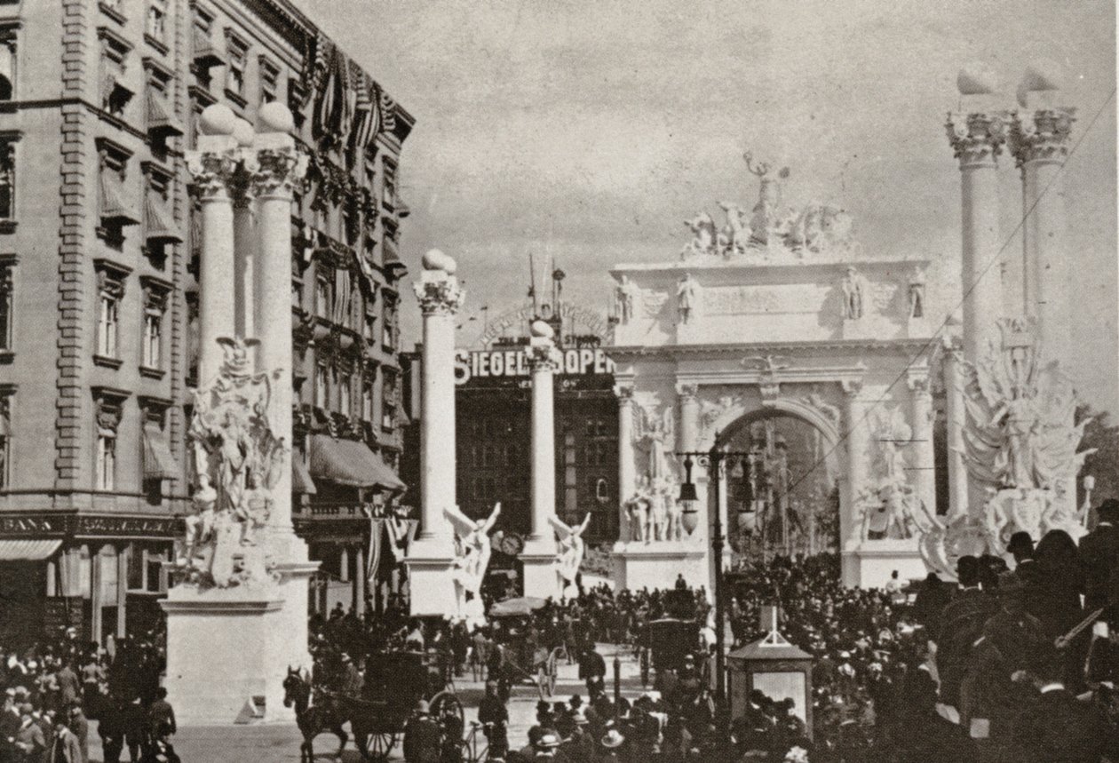 De Dewey Arch voor het Fifth Avenue Hotel op 23rd St., New York City, ter viering van de overwinning op Spanje, 1899 door American Photographer
