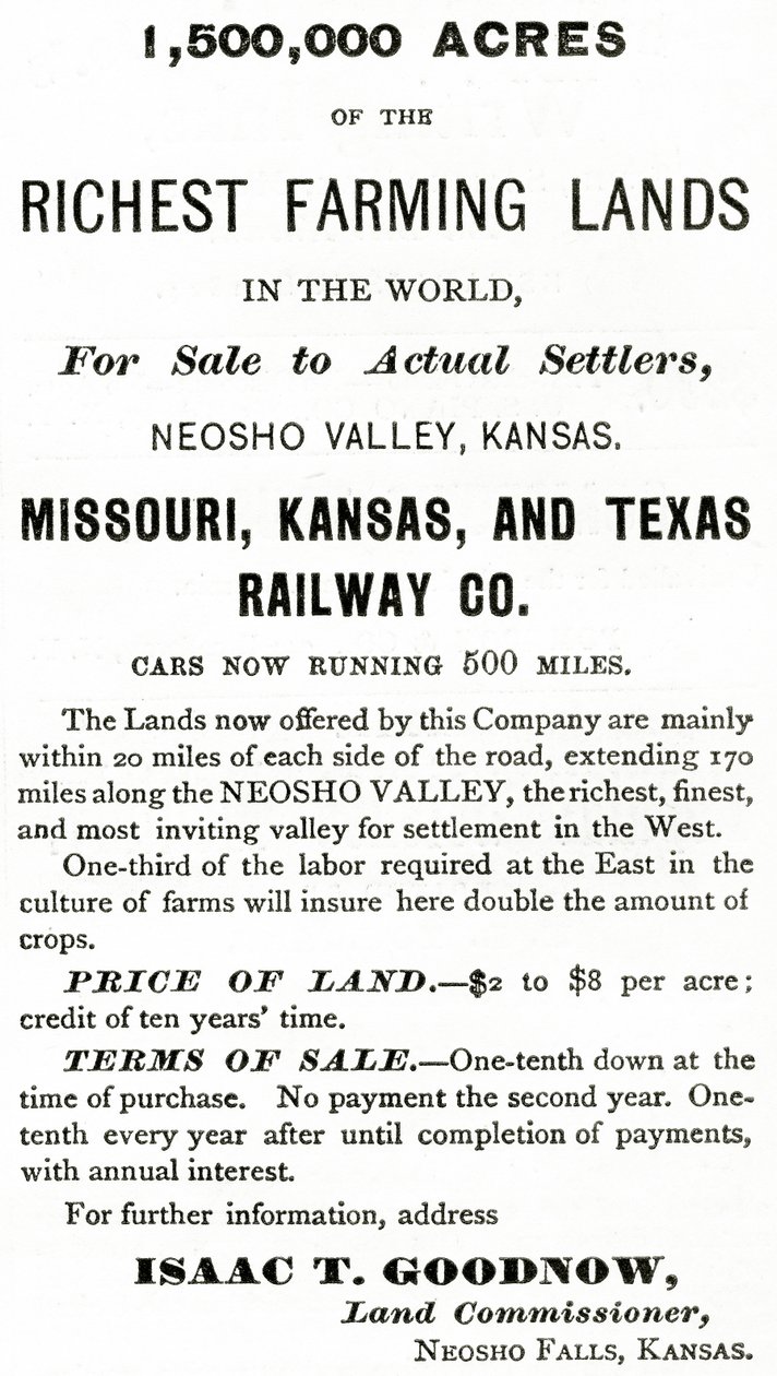 1.500.000 Acres van de Rijkste Landbouwgronden ter Wereld, in de Neosho Valley, Kansas, advertentie uit Appletons Journal, 4 mei 1872 door American School