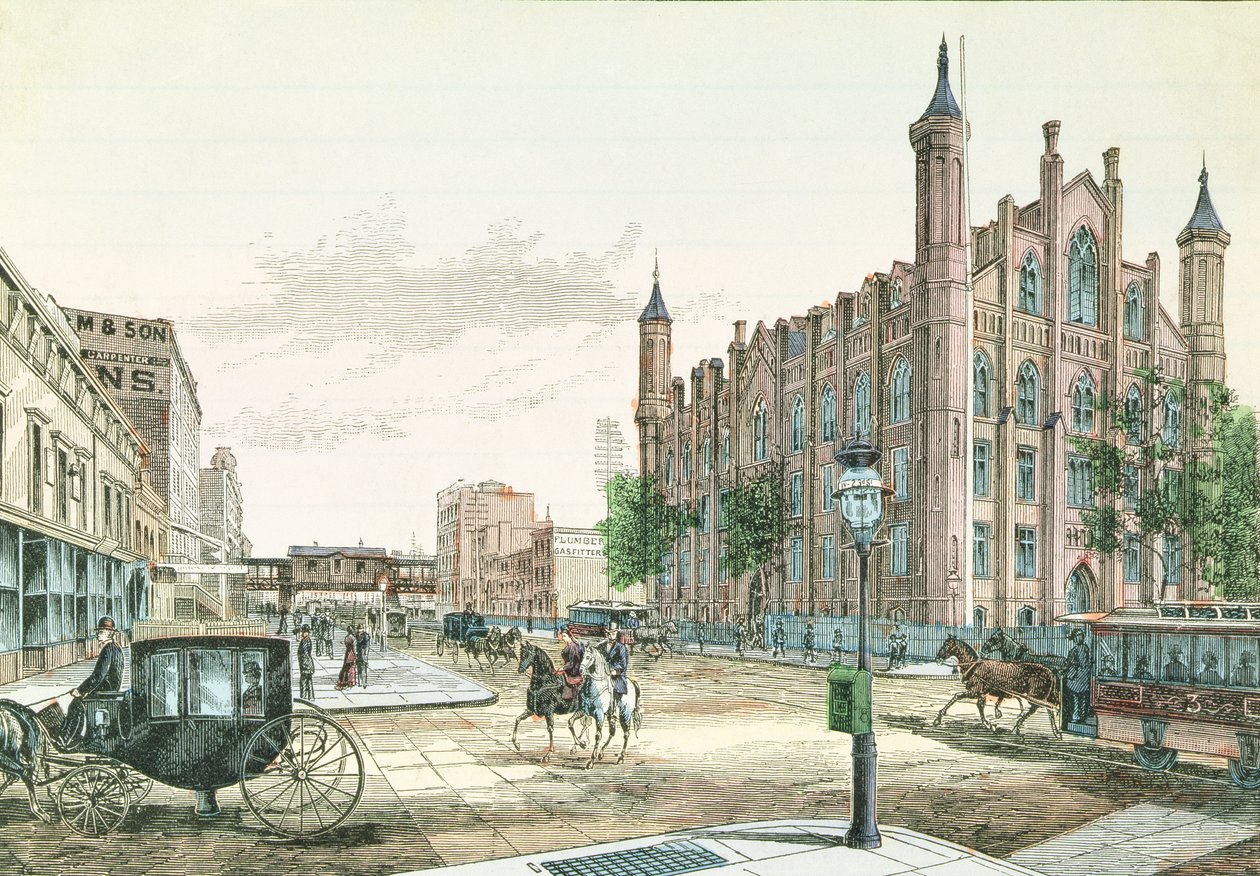 3rd Avenue en 23rd Street, Elevated Rail Road Station en het College van de Stad New York, uit 36 Views of New York and Environs, gepubliceerd door Charles Magnus door American School