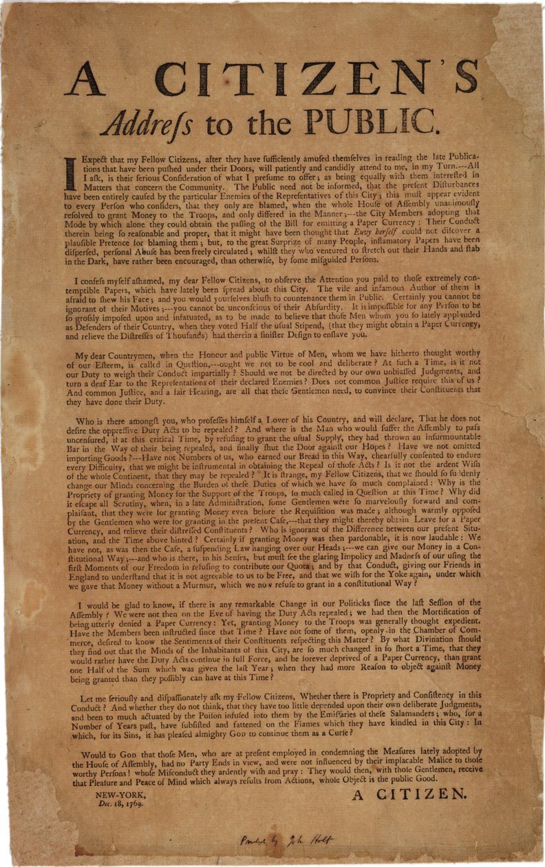 Een burgeradres aan het publiek over de steun aan koninklijke troepen, 18 december 1769 door American School