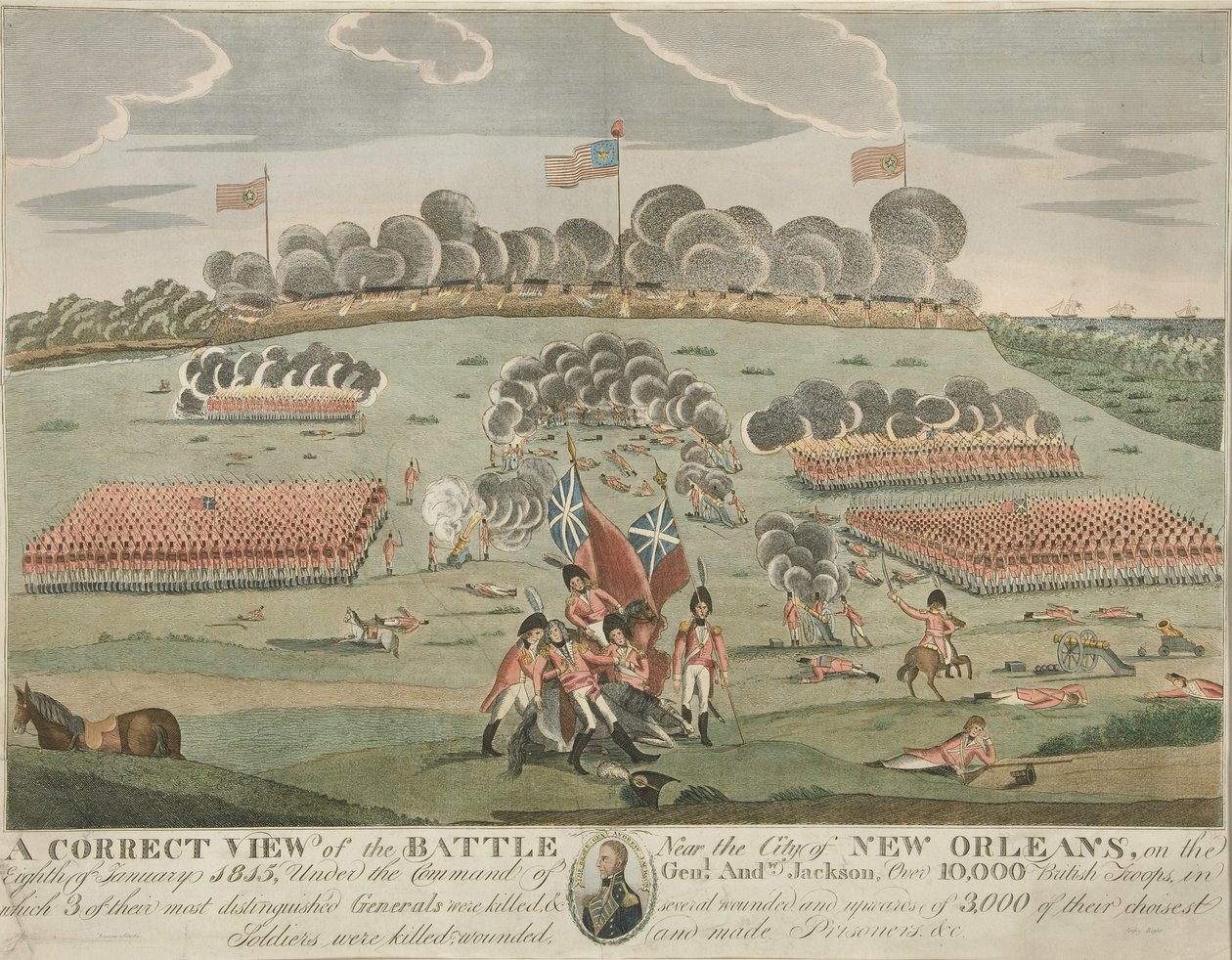 Een correct beeld van de slag bij de stad New Orleans, uitgegeven ca. 1815 (handgekleurde gravure) door American School