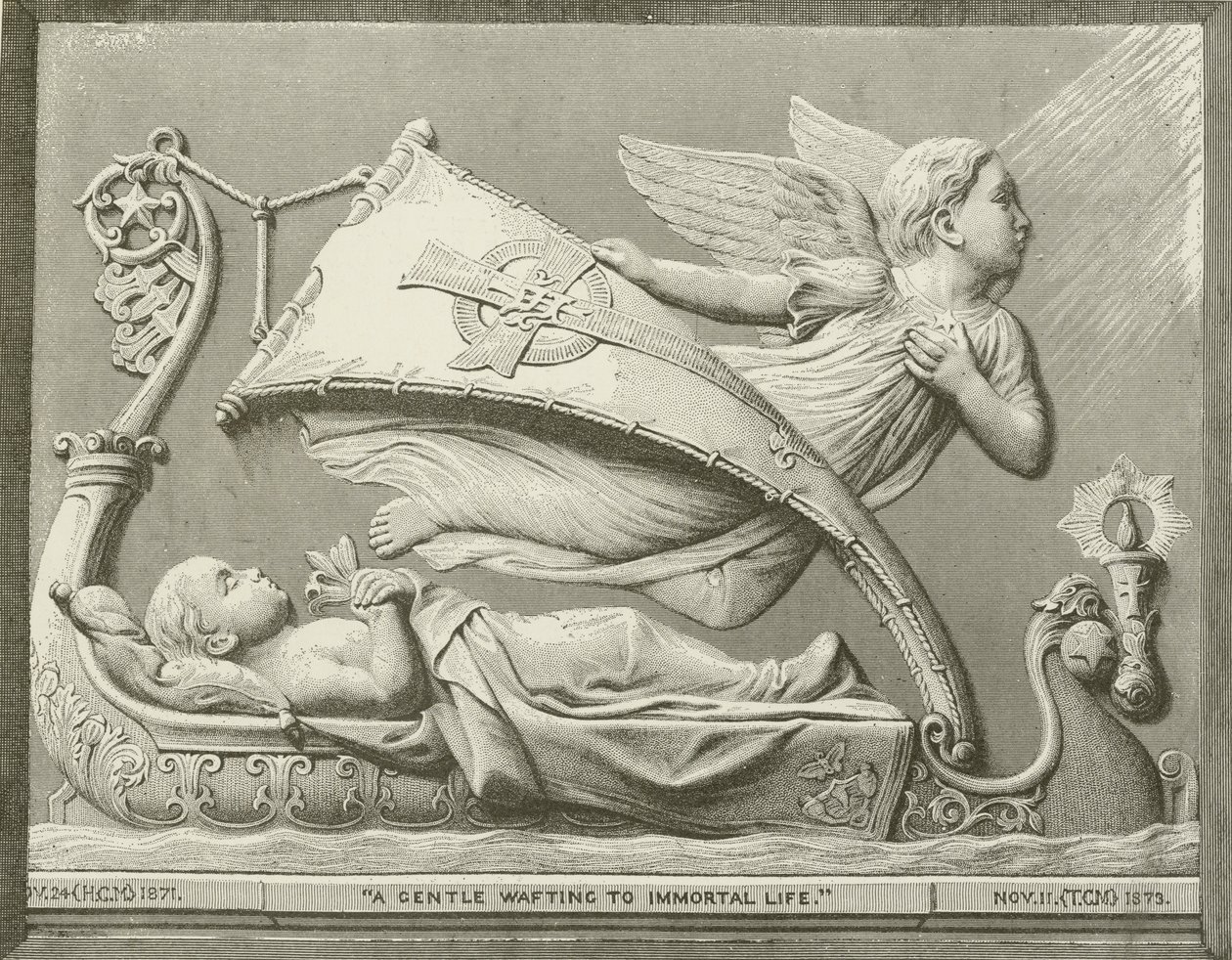 "Een zachte wuif naar het onsterfelijke leven" uit de Sculpture van F M Miller (gravure) door American School