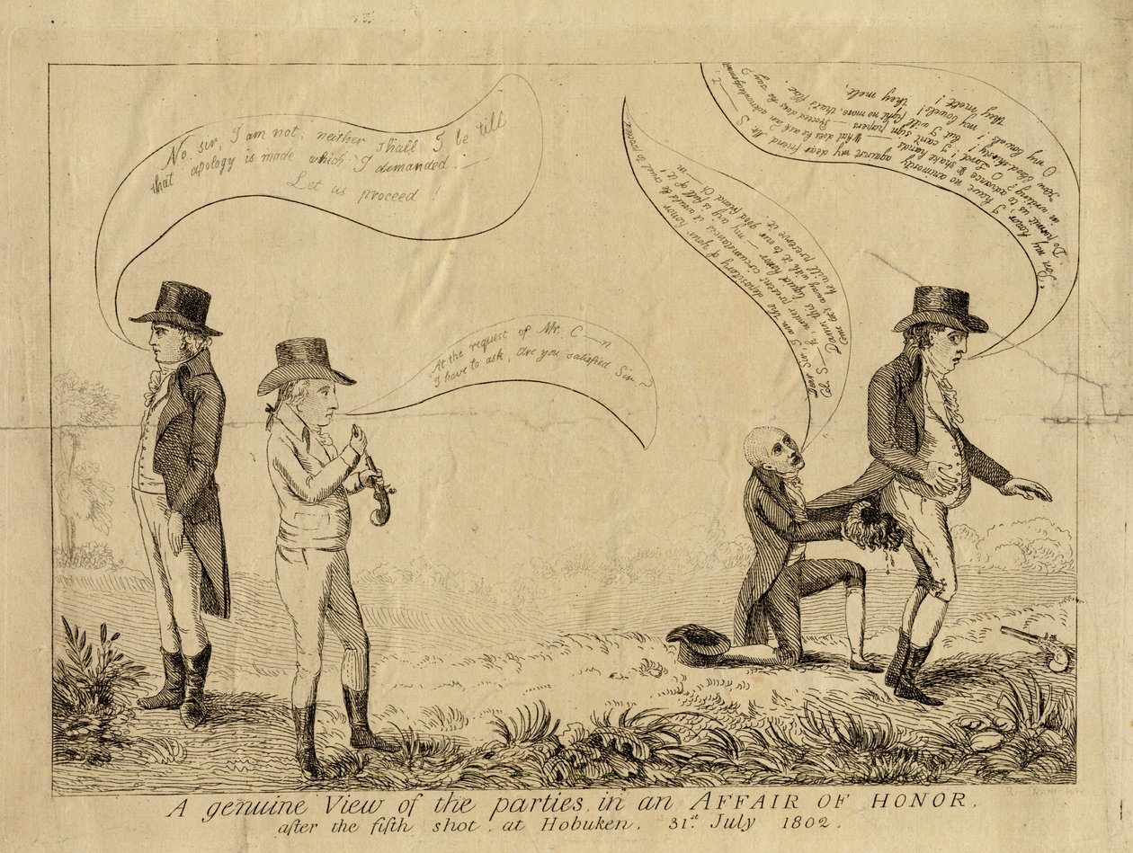 Een echt beeld van de partijen in een eerkwestie na het vijfde schot in Hoboken, 31 juli 1802 door American School