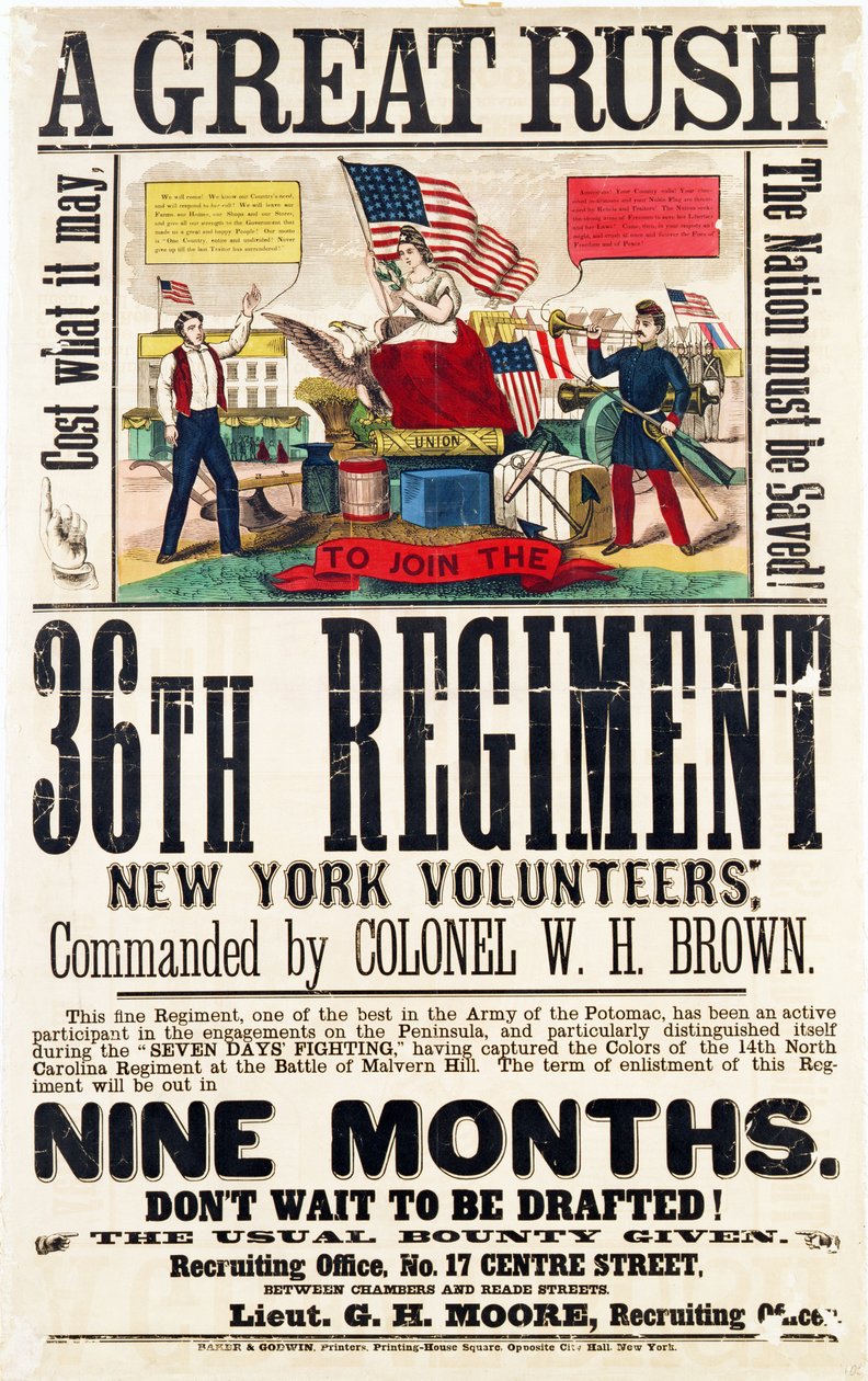 Een grote haast, wervingsposter voor het 36e Regiment, gepubliceerd door Baker & Goodwin door American School