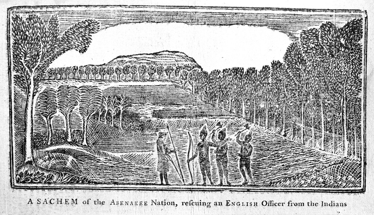 Een Sachem van de Abenakee-natie die een Engelse officier redt, illustratie uit Bickerstaffs Boston Almanack, uitgegeven 1768 door American School