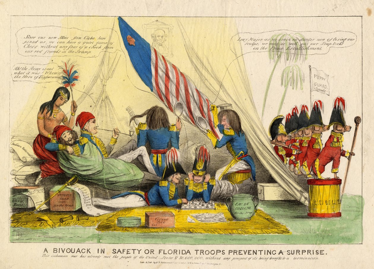 Een bivak in veiligheid, of, Florida troepen voorkomen een verrassing, uitgegeven door H R Robinson, New York, c.1839 door American School
