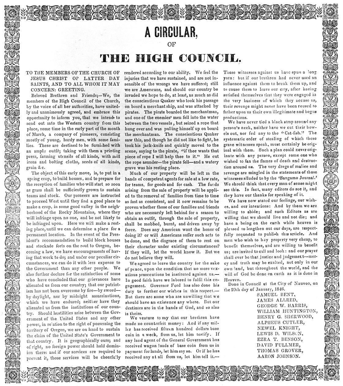 Een circulaire van de Hoge Raad van de Kerk van Jezus Christus van de Heiligen der Laatste Dagen, 1846 door American School