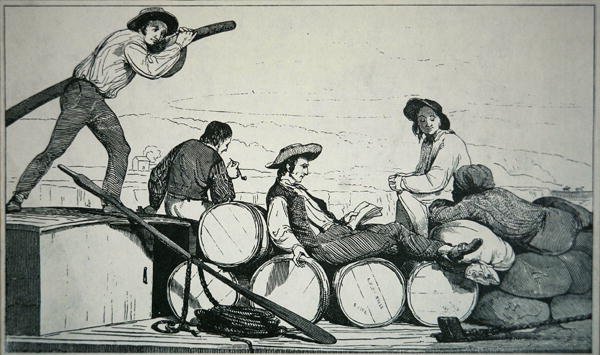 Een platbodem die vracht vervoert op de Mississippi-rivier, ca. 1840 door American School