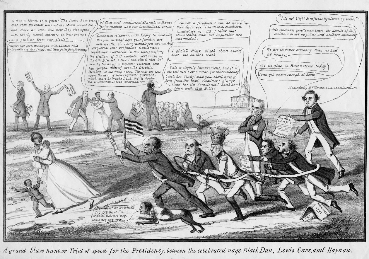 Een grote slavenjacht, of, Proef van snelheid voor het presidentschap, tussen de beroemde paarden Black Dan, Lewis Cass, en Haynau, uitgegeven door T.C., New York, c.1852 door American School