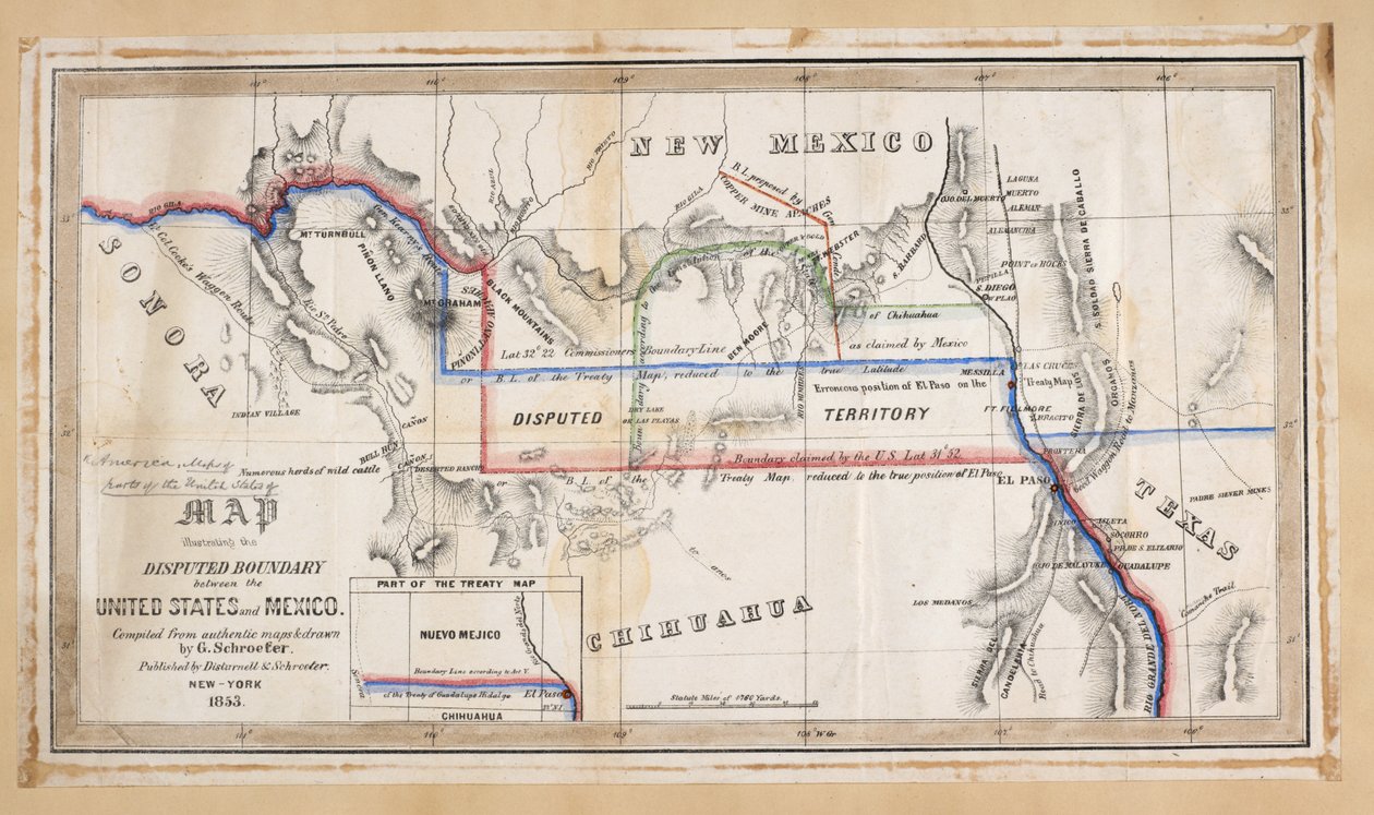 Een kaart die de betwiste grens tussen de Verenigde Staten en Mexico illustreert door American School