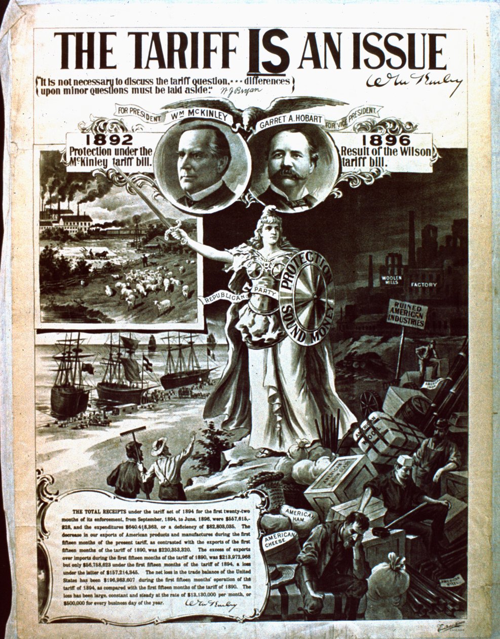 Een politieke poster die pleit voor McKinleys belastingcode boven die van Wilson door American School