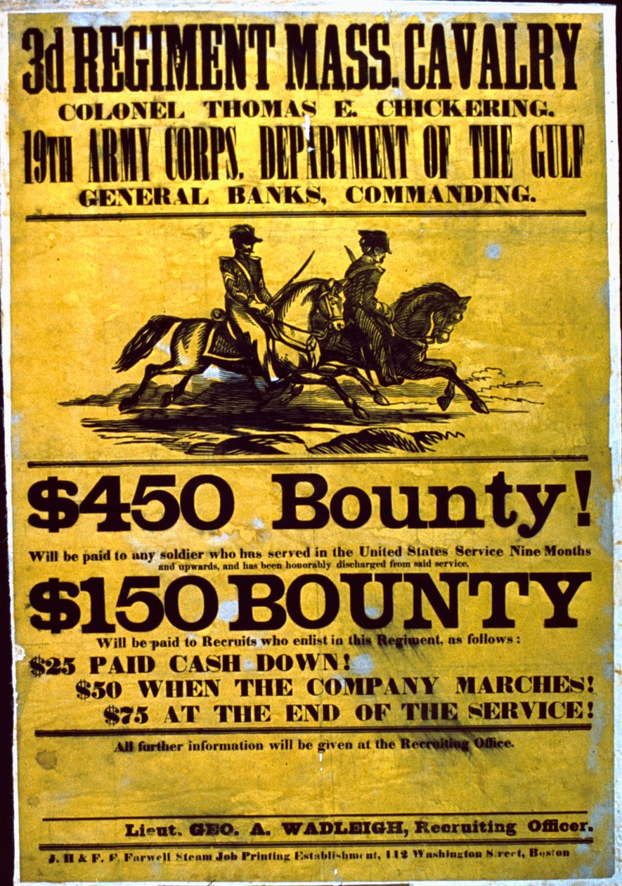 Een wervingsposter voor het 3e Regiment, Massachusetts Cavalerie, 1863-65 door American School