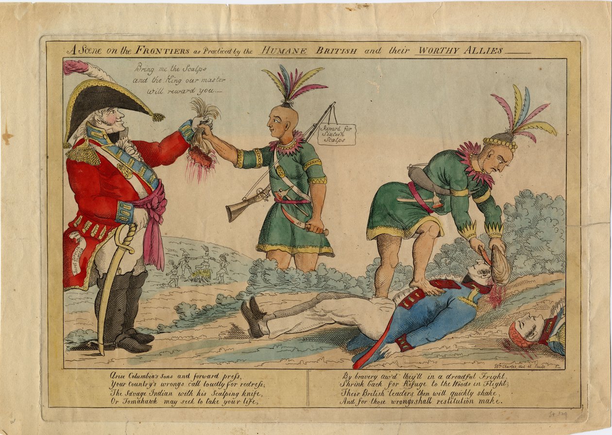 Een scène aan de grens zoals beoefend door de humane Britten en hun waardige bondgenoten, c.1813 door American School