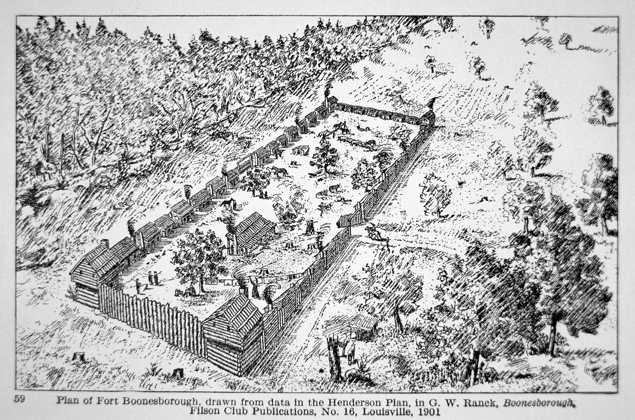 Een uitzicht op Fort Boonesborough in Kentucky door American School