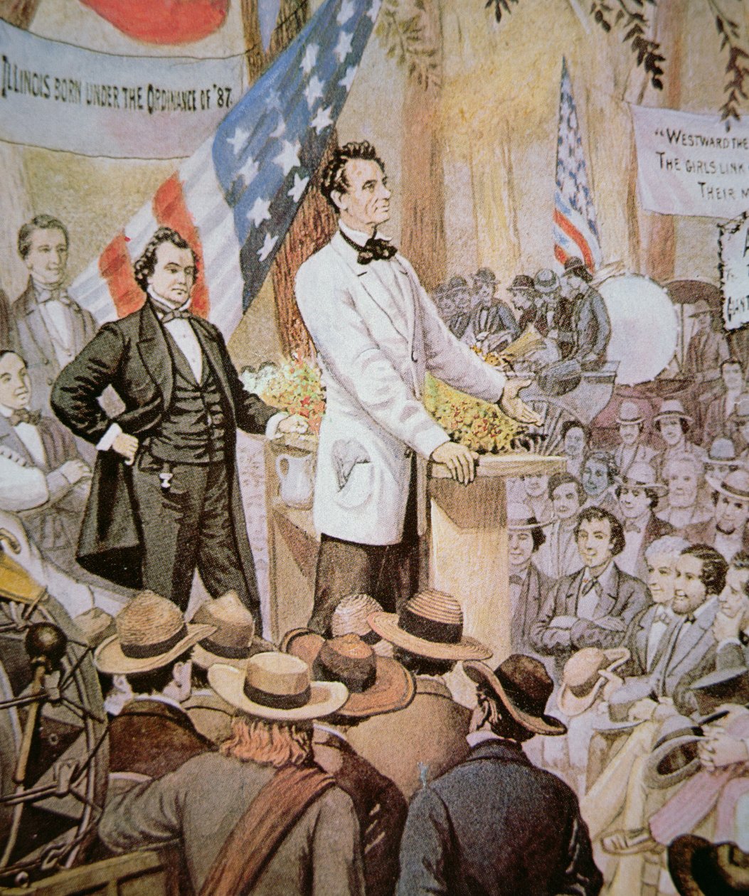 Abraham Lincoln (1809-65) in openbaar debat met Stephen A. Douglas (1813-61) in Illinois door American School