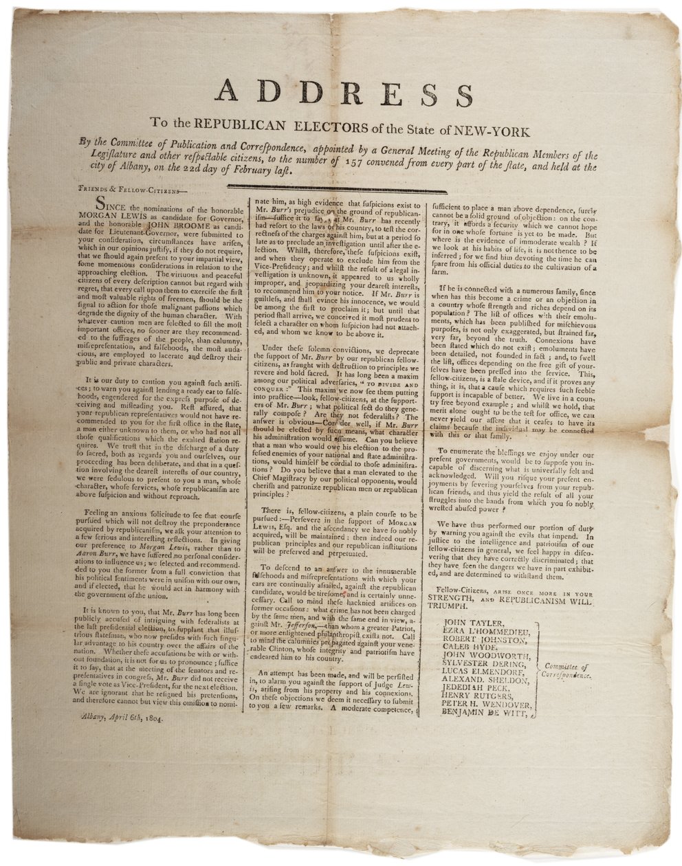 Toespraak aan de Republikeinse kiezers van de staat New York, 6 april 1804 door American School