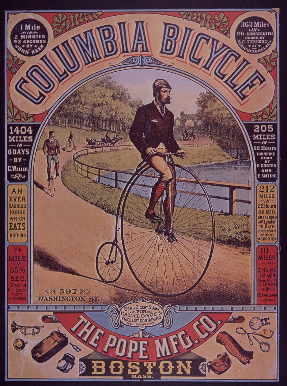 Advertentie voor Columbia Penny-Farthing fiets, Boston, VS door American School