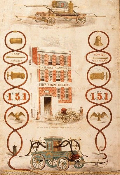 Advertentie voor Abraham Vanness, brandweermachinebouwer en maker van brandbestrijdingsapparatuur, uitgegeven door Geo. G. Gratacap, New York, ca. 1850 door American School
