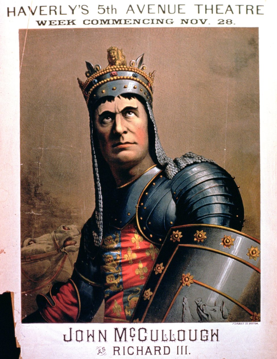 Advertentie voor John McCullough als Richard III in Haverlys 5th Avenue Theatre, New York door American School