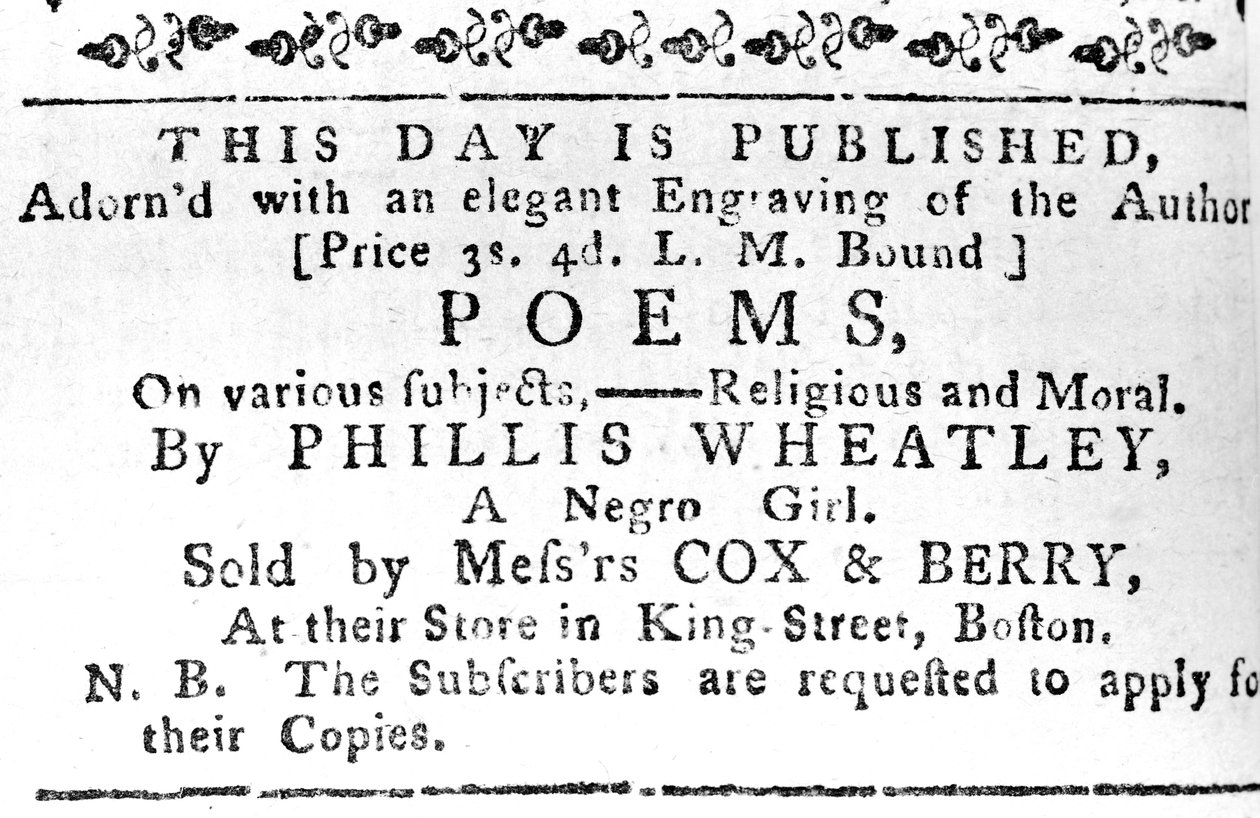 Advertentie voor Phillis Wheatleys eerste boek, uit de Boston Gazette, 7 februari 1774 door American School