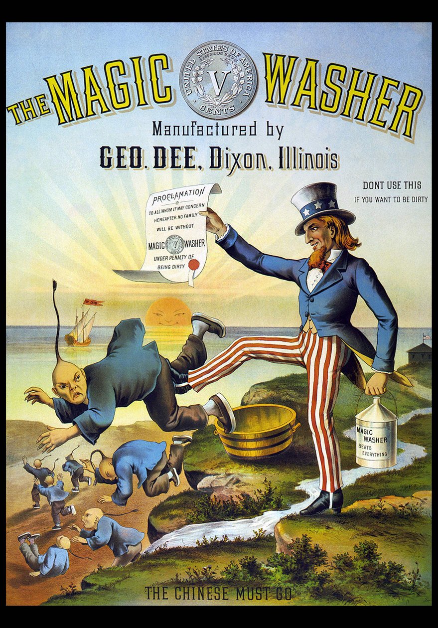 Reclame voor een schoonmaakproduct met Uncle Sam die een Chinees jaagt door American School