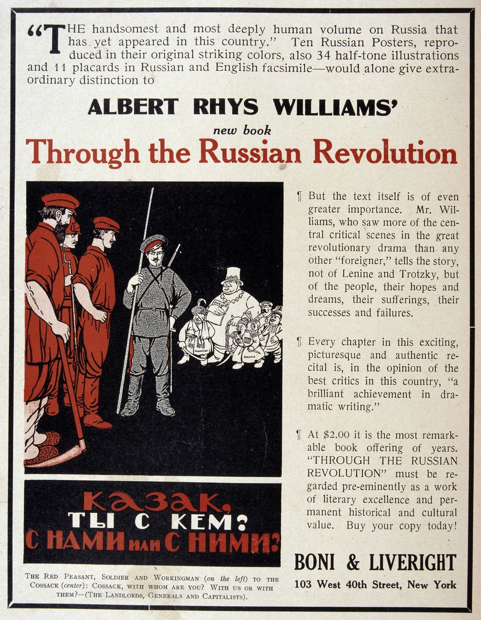 Reclame voor de verkoop van het boek "De Russische Revolutie" door Albert Rhys Williams in een Amerikaans tijdschrift door American School