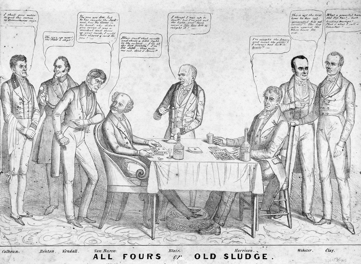 All Fours of Old Sludge, politieke cartoon die president Martin Van Buren (1782-1862) afbeeldt die kaarten speelt tegen William Henry Harrison (1773-1841) te midden van andere staatslieden en politici, 1836 door American School