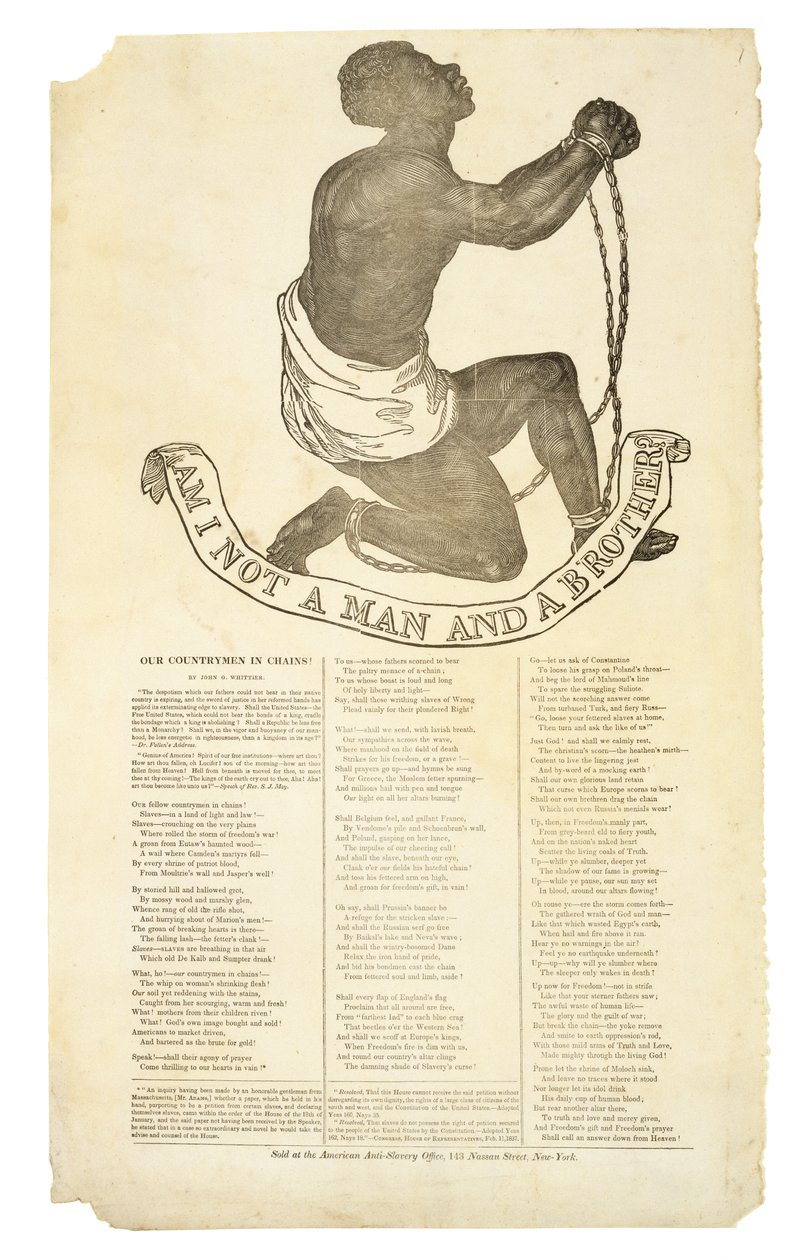 Ben Ik Geen Mens en Een Broeder?, ca. 1837 (houtsnede op geweven papier) door American School