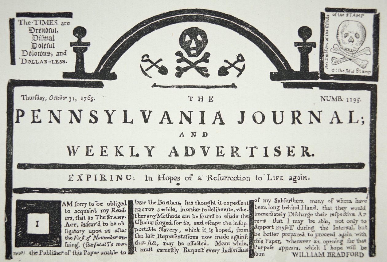 Een Amerikaanse reactie op de door de Britten opgelegde Stamp Act, gepubliceerd in The Pennsylvania Journal and Weekly Advertiser op 31 oktober 1765 door American School