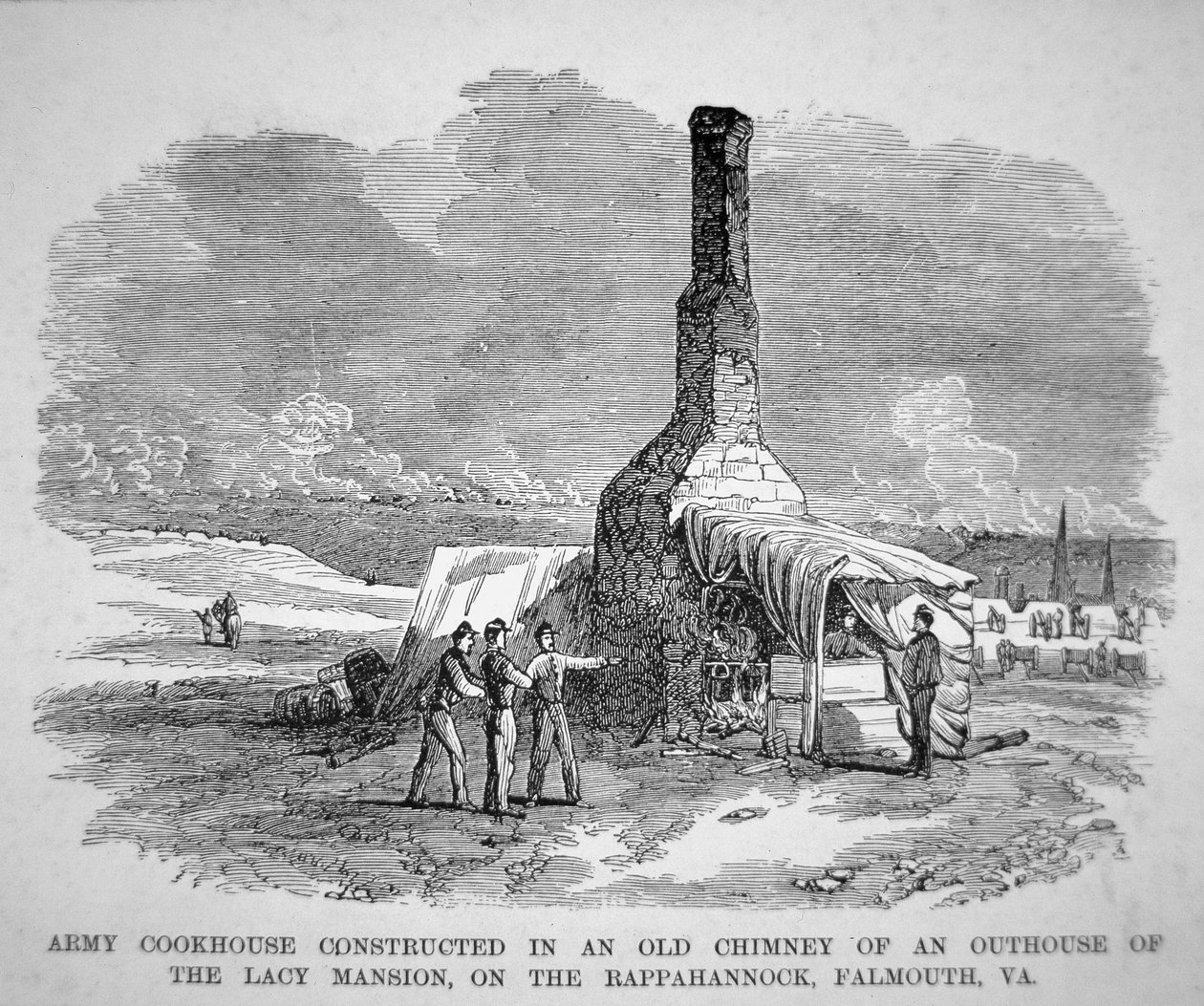 Legerkeuken gebouwd in een oude schoorsteen van een bijgebouw van het Lacy herenhuis, aan de Rappahannock, Falmouth, Virginia (gravure) door American School