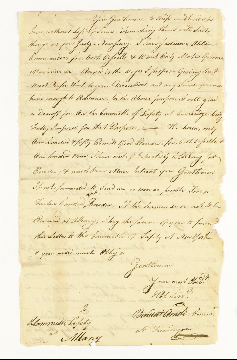 Arnold Benedict (1741-1801) Generaal, Continentale Leger, Verrader. Handtekening brief ondertekend ("Benedict Arnold Commr. bij Ticonderoga") aan het Comité van Veiligheid in Albany, Ticonderoga, 22 mei 1775 door American School